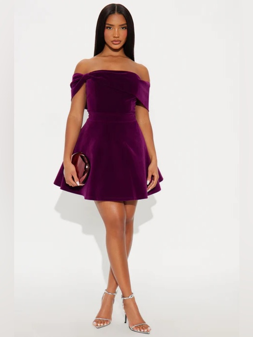 She’s The Moment Off-Shoulder Velvet Fit & Flare Dress in Deep Plum 1X NWT